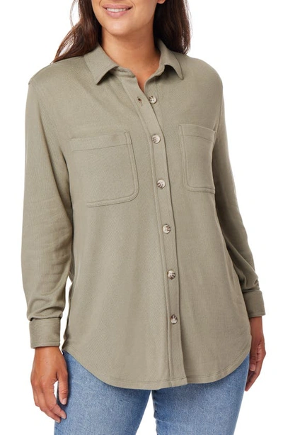 Shop C&c California Marina Luxe Essential Knit Button-up Shirt In Vetiver