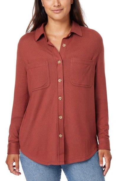 Shop C&c California Marina Luxe Essential Knit Button-up Shirt In Mahogany