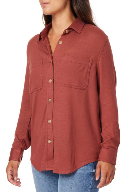 Shop C&c California Marina Luxe Essential Knit Button-up Shirt In Mahogany