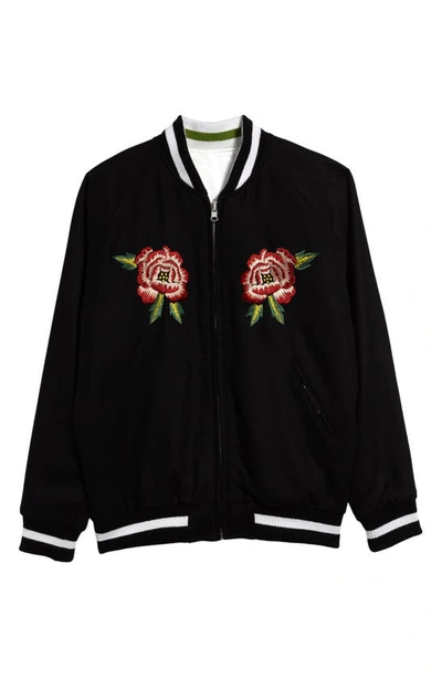 Shop Kenzo Souvenir Floral Embroidered Reversible Wool & Satin Bomber Jacket In Black