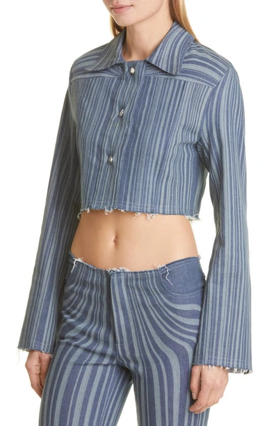 Shop Anne Isabella Laser Stripe Raw Edge Crop Denim Jacket In Light Denim Blue