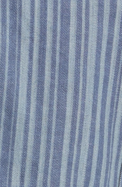 Shop Anne Isabella Laser Stripe Raw Edge Crop Denim Jacket In Light Denim Blue