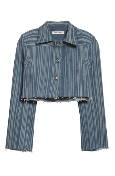 Shop Anne Isabella Laser Stripe Raw Edge Crop Denim Jacket In Light Denim Blue