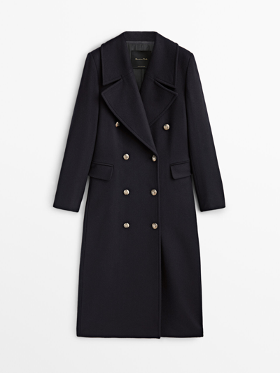 Shop Massimo Dutti Long Navy Blue Buttoned Coat