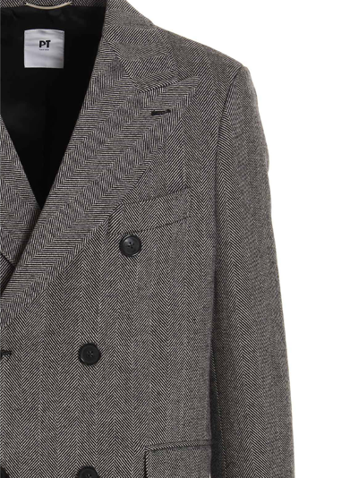Shop Pt01 Herringbone Tweed Long Coat In White/black