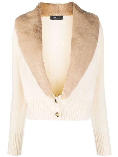 Shop Blumarine Cardigan With Faux Fur In Beige