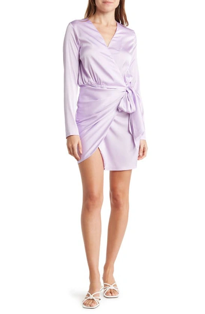 Shop Bonheur D'amour Satin Long Sleeve Wrap Minidress In Lavender