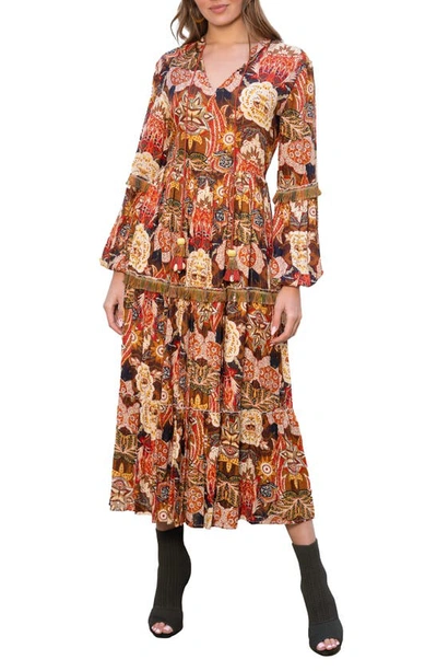 Shop Barok Paris Floral Print Fringe Trim Long Sleeve Maxi Dress In Pumpkin