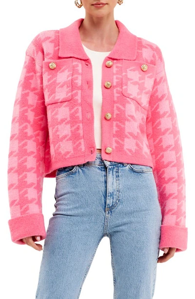 Shop English Factory Houndstooth Cardigan In Hot Pink