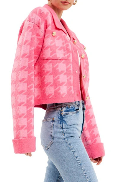 Shop English Factory Houndstooth Cardigan In Hot Pink