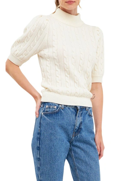 English Factory Puff Sleeve Cable Knit Sweater In Ivory
