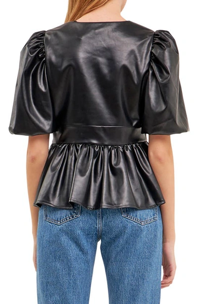 English Factory Puff Sleeve Faux Leather Peplum Top In Black