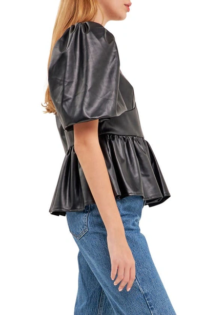 English Factory Puff Sleeve Faux Leather Peplum Top In Black