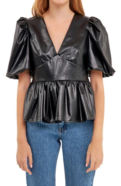 English Factory Puff Sleeve Faux Leather Peplum Top In Black
