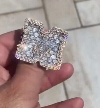 Pre-owned Nsg Mens Custom M Any Initial Letter Ring 3ct Baguette Cubic Zirconia 925 Silver In White