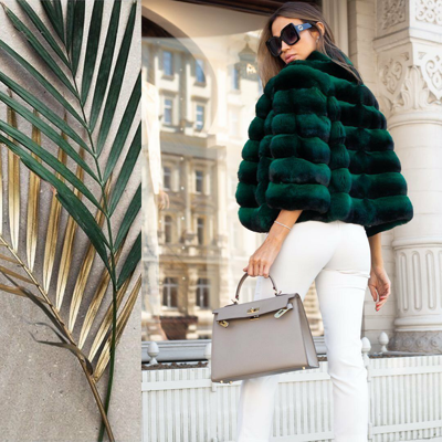 Pre-owned Bf Women 100% Real Rex Rabbit Fur Coat Green Chinchilla Warm Short Jacket Overcoat