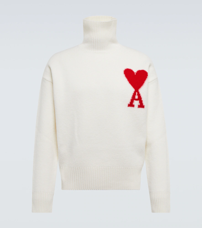 Shop Ami Alexandre Mattiussi Ami De Caur Virgin Wool Turtleneck Sweater In Off White/red