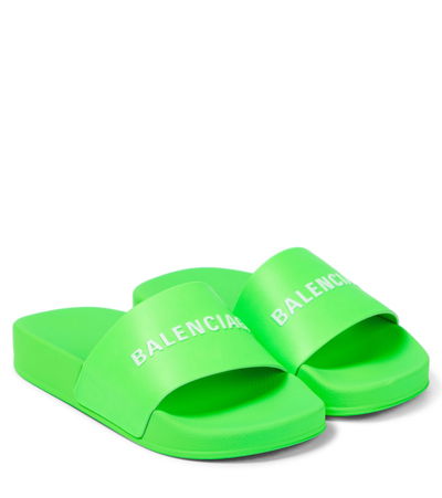 Shop Balenciaga Logo Rubber Slides In Fluo Green/white