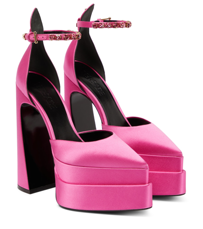 Shop Versace Aevitas Pointy Satin Platform Pumps In Pink Lemonade-oro