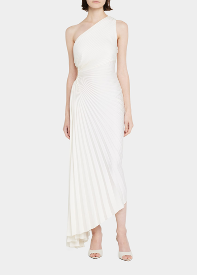 Shop A.l.c Delfina Pleated Long Asymmetric One-shoulder Dress In Whisper Wh