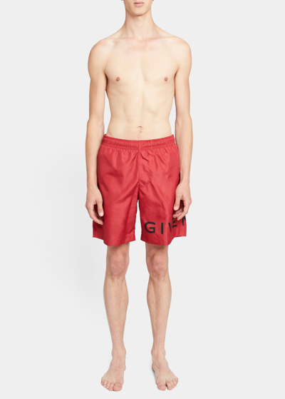 Shop Givenchy Men's Long Logo Swim Shorts In Vermillon