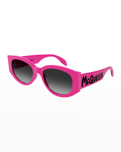 Shop Alexander Mcqueen Logo Rectangle Acetate Sunglasses In Solid Fuchsia