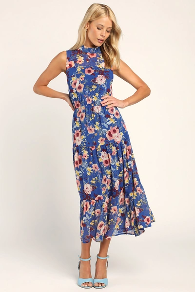 Lulus In My Dreams Blue Floral Print Midi Dress In Blue