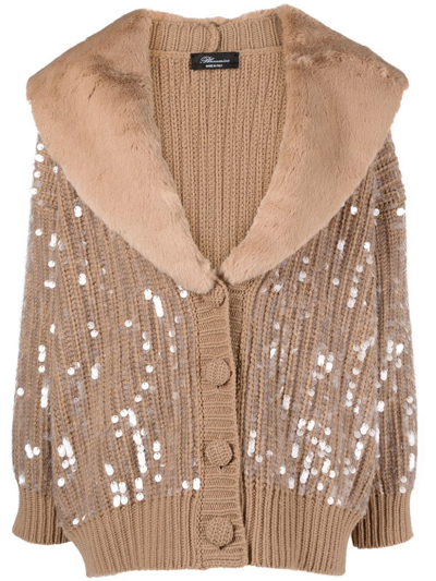Shop Blumarine Faux-fur Tirm Sequin Cardigan In Neutrals