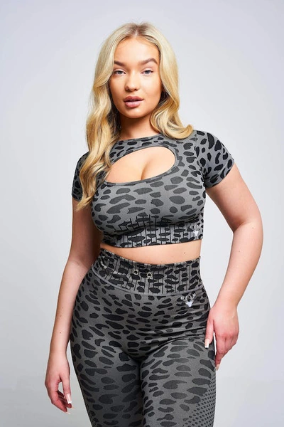 Shop Twill Active Caneva Leopard Recycled Cut Out Crop Top In Grey