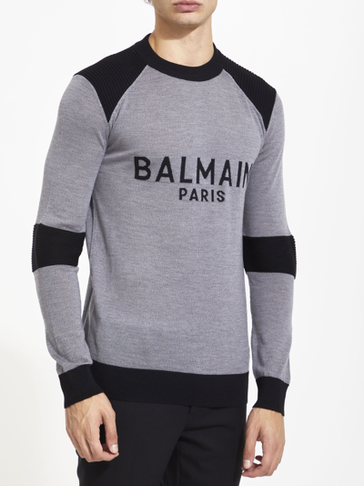 Shop Balmain Wool Jumper With Logo In Grey