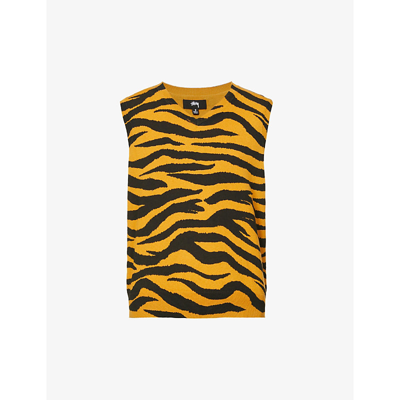 Shop Stussy Women's Mustard Tiger-intarsia Cotton And Wool-blend Top