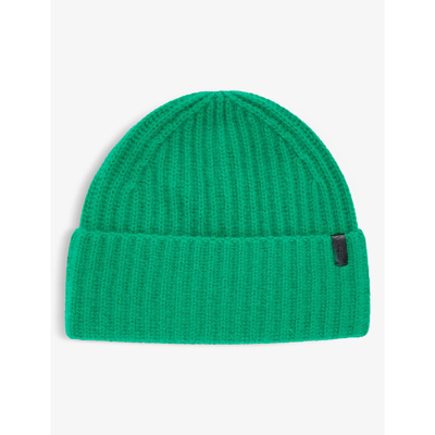 Shop Vince Logo-patch Ribbed Cashmere Beanie In Emerald-300grn