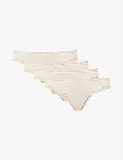 Shop Stripe & Stare Womens Sand Low-rise Pack Of Four Stretch-woven Thongs In Nude (lingerie)