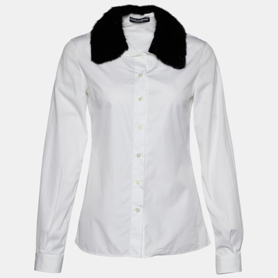 Pre-owned Dolce & Gabbana White Cotton Mink Fur Collar Detail Shirt S
