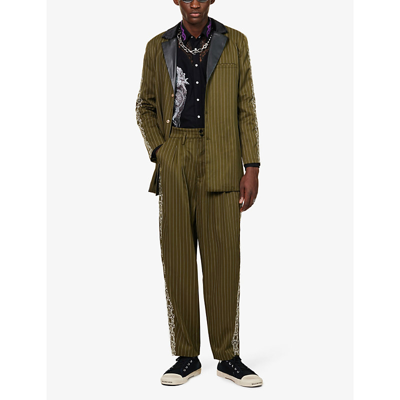 Shop Youths In Balaclava Mens Green Pinstripe Textured-lapel Relaxed-fit Stretch-cotton Jacket