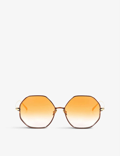 Shop Linda Farrow Womens Gold Leif 22ct Yellow Gold-plated Titanium And Lacquer Hexagonal-frame Sunglasse In Gold/ Brown/ Orange