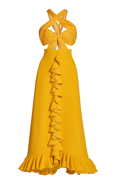 Shop Giambattista Valli Cutout Ruffled Cady Midi Dress In Yellow