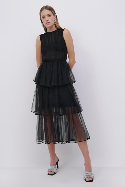 Shop Jonathan Simkhai Benton Tulle Plisse Midi Dress In Black