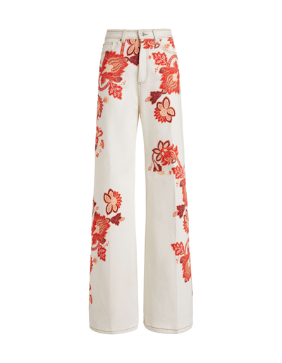 Shop Etro Woman White And Orange Tree Of Life Floral Palazzo Jeans In Denim Blue