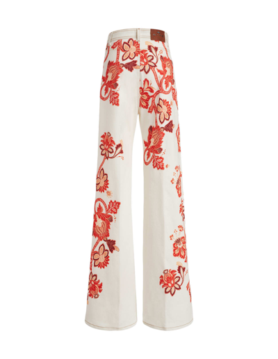Shop Etro Woman White And Orange Tree Of Life Floral Palazzo Jeans In Denim Blue