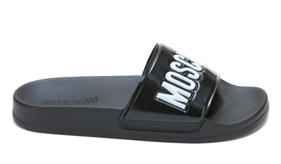 Shop Moschino Logo Slide Sandals In Black