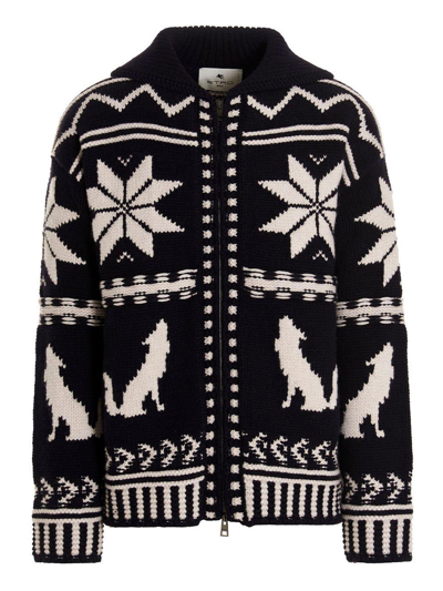 Shop Etro Graphic Knitted Zip-up Jacket In Navy
