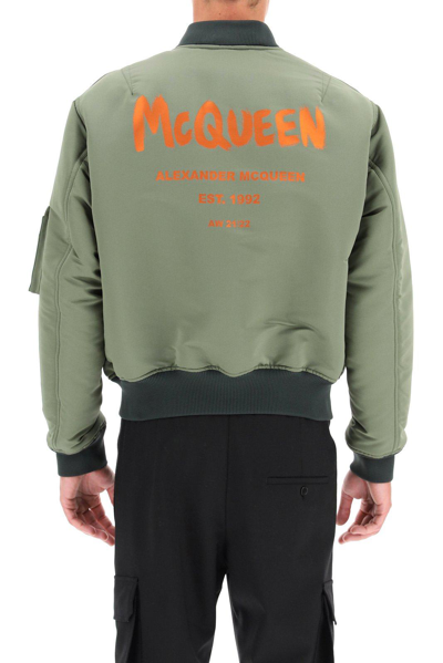 Shop Alexander Mcqueen Logo Printed Zipped Bomber Jacket In Army Green