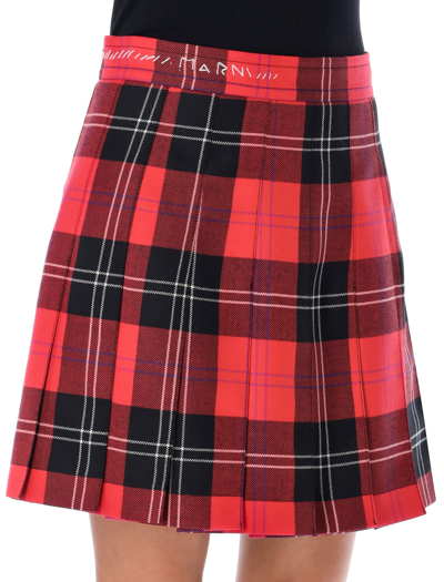 Shop Marni Pleated Plaid Mini Skirt In Red