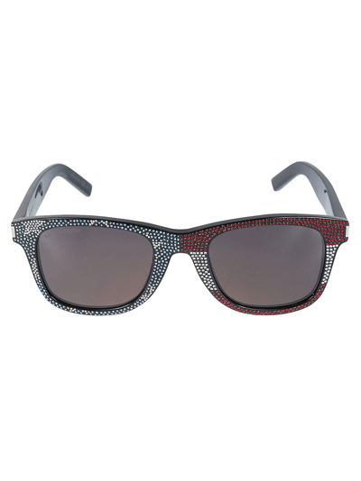 Shop Saint Laurent Square Frame Studded Sunglasses In Black/grey