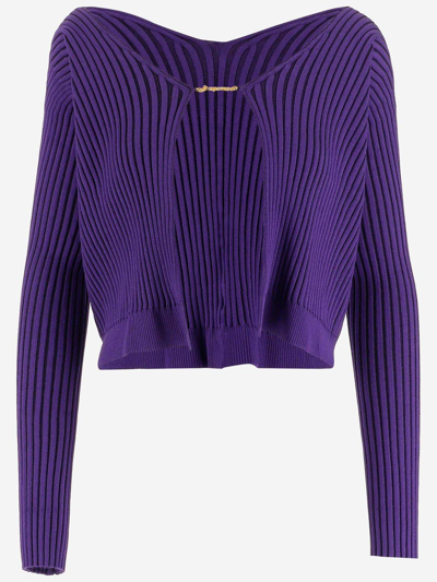 Shop Jacquemus Logo Plaque Long-sleeved Cardigan In Violet