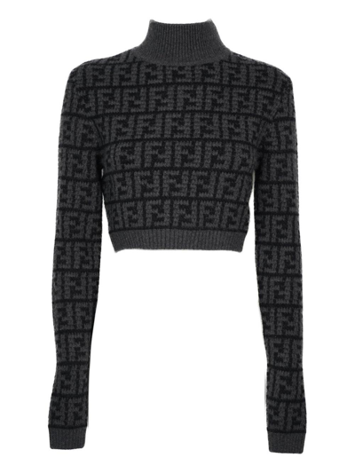 Shop Fendi Monogram Jacquard Cropped Knit Jumper In Black