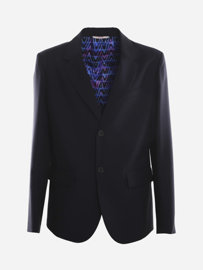 Shop Valentino Blazer In Wool And Mohair Blend With Optical V Print Detail In Navy