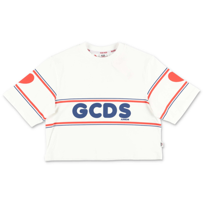 Shop Gcds Mini Gcds T-shirt Bianca Cropped In Jersey Di Cotone In White
