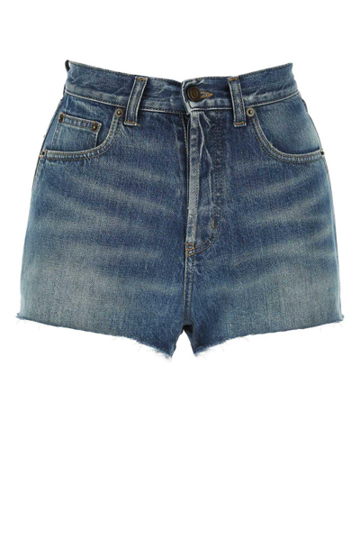 Shop Saint Laurent High Rise Denim Shorts In Denim Blue